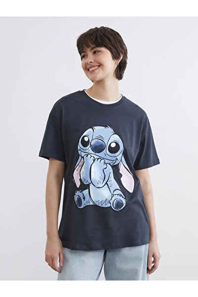 LC Waikiki Γυναικείο μπλουζάκι Anthracite Crew Neck Stitch με τύπωμα