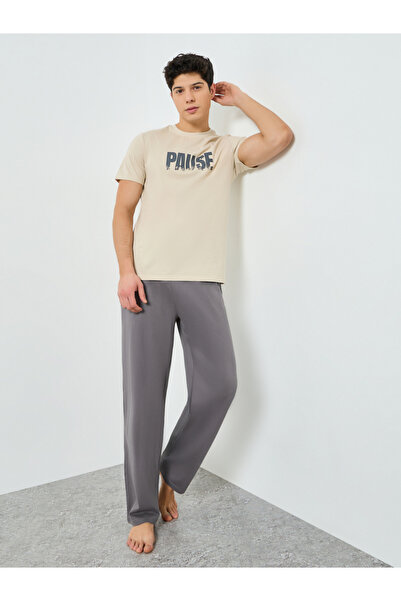Styli Men Beige Graphic Print T-Shirt and Pyjama Set