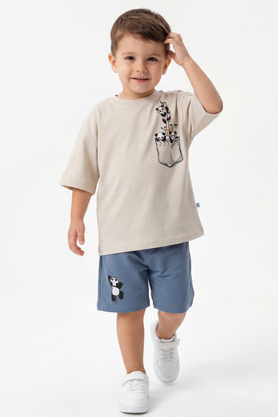 Entel Boy's 100% Cotton T-Shirt Capri 2-Piece Set Panda Printed