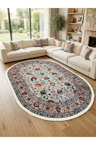 Brillant Gri Renk Vintage Çiçekli Oval Lateks Kaymaz Taban Halı