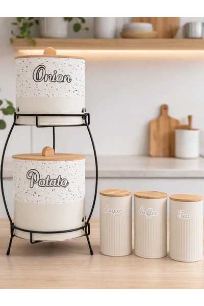 decorev Standlı Bambu Kapaklı Metal Patates & Soğan Saklama Kovası ve Çay Kah...