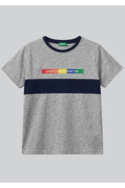 Benetton United Colors of Boys' Grey T-Shirt with Logo and Stripes