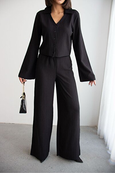 Ded COLLECTION Women's Crinkle Fabric Button Shirt and High Waist Wide-Leg Pant Set