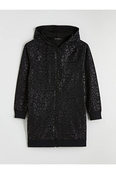 LC Waikiki Black Hooded Patterned Women's Zippered Sweatshirt