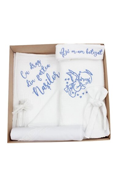 PRICHINDEL Baptism Set from Muslin, White, 7 Pieces, Embroidered, Blue Angel