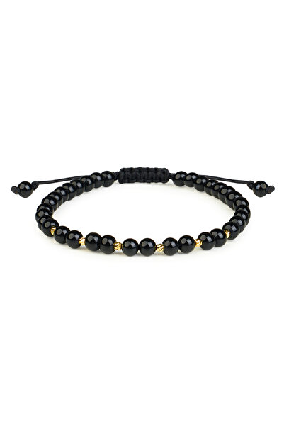 One Gold Bracelet with 6 beads 14K Gold "585" and Black Onyx, adjustable