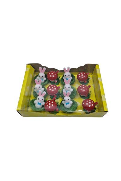 decotoys Ornament Paste ciuperci si iepurasi din plastic in cosulet 12/set