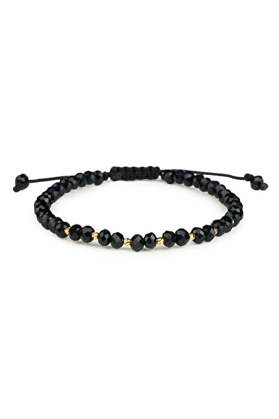 One Gold Bracelet with 7 beads 14K Gold "585" and Black Crystals, adjustable