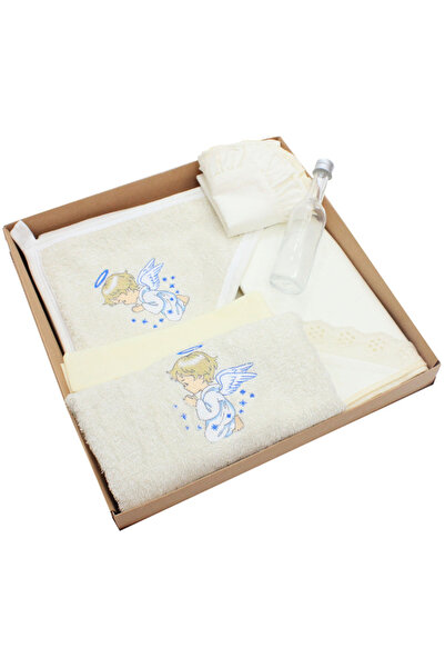 PRICHINDEL Set botez bumbac, Înger albastru, 6 piese, crem