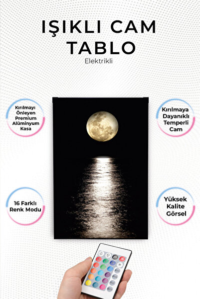 YANARDAĞ Yanardağ Cam Ürünleri Modern Işıklı Ay Gece Tasarımlı Cam Tablo