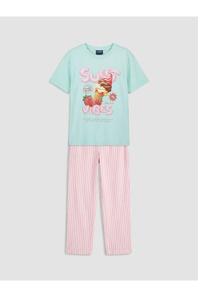 LC Waikiki Turquoise Crew Neck Printed Girls' Pajama Set