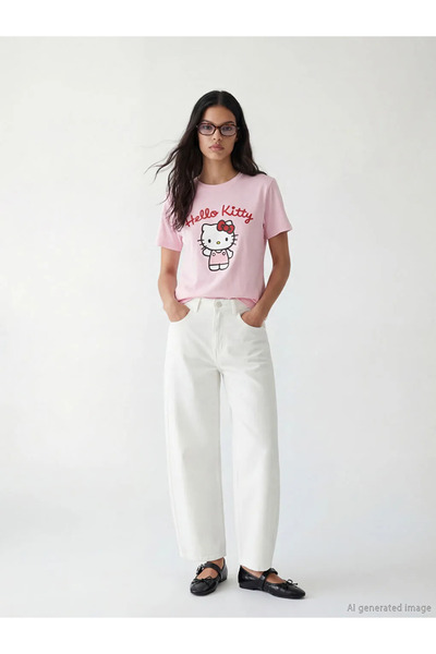 LC Waikiki Γυναικείο μπλουζάκι Pink Crew Neck Hello Kitty με τύπωμα