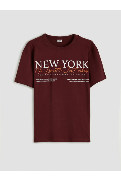 LC Waikiki Μπλουζάκι Claret Red Boy's Crew Neck New York με τύπωμα