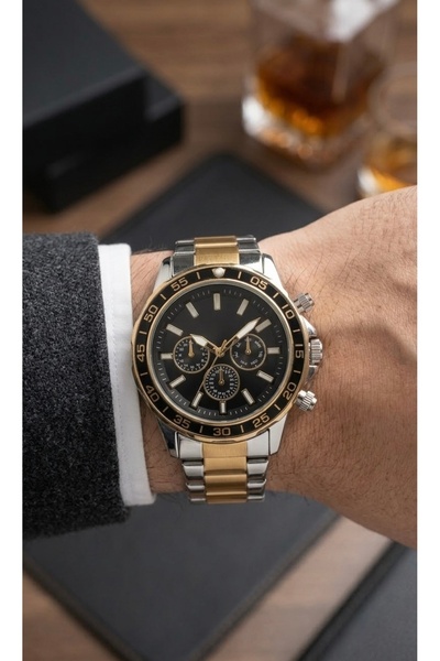 Yegane Men's Steel Band Silver Gold Double Color Black Dial Stylish Wristwatch