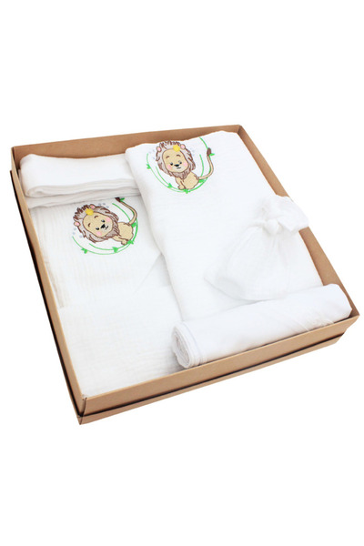 PRICHINDEL Set botez din muselină, 7 piese, Leul verde, brodat, alb