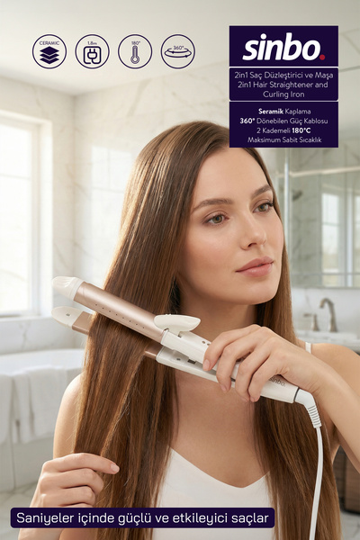 Sinbo SHD-1730 2in1 Saç Düzleştirici ve Maşa Seramik Kaplama 180°C Çift Fonks...