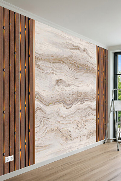 MİRAZAWALL Modern Ahşap Çıta Görünümlü ve Doğal Mermer Doku Desenli Tek Parça...