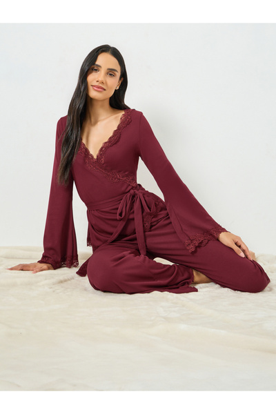Styli Burgundy Lace Trim Wrap Tie Front Top and Pyjama Set