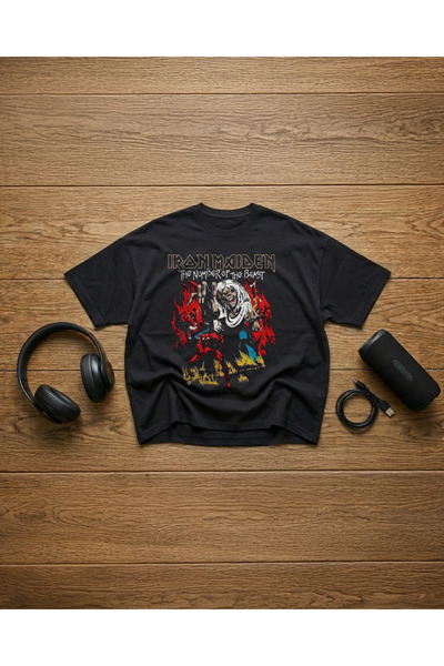 STİL-X Tricou oversize unisex cu imprimeu Iron Maiden, 100% bumbac