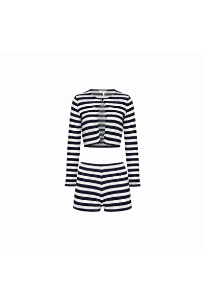 AQUELLA Knitwear Navy Blue White Striped Cardigan-Shorts Set