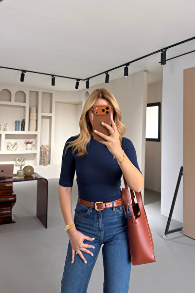 Sezgi Tekin Premium Series Crew Neck Half Sleeve Navy Blue Basic Blouse