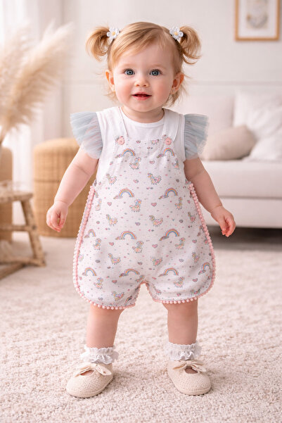 Uğur bebe Poplin Yazlık Kız Bebek Tulum + Tül Kollu Çıtçıtlı Bady Rahat Şık P...