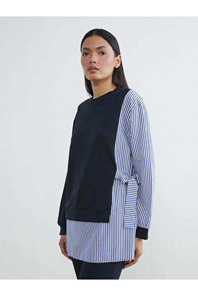 LC Waikiki Navy Blue Bowknot Striped Women's Sweatshirt Tunic