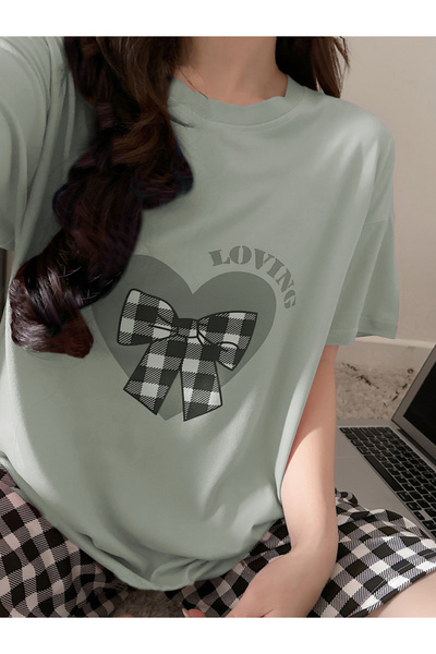 Take Two By Styli Heart Print Round Neck T-Shirt and Checked Shorts Set