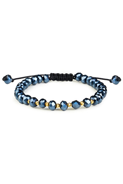 One Gold Bracelet with 7 beads 14K Gold "585" and Blue Crystals, adjustable