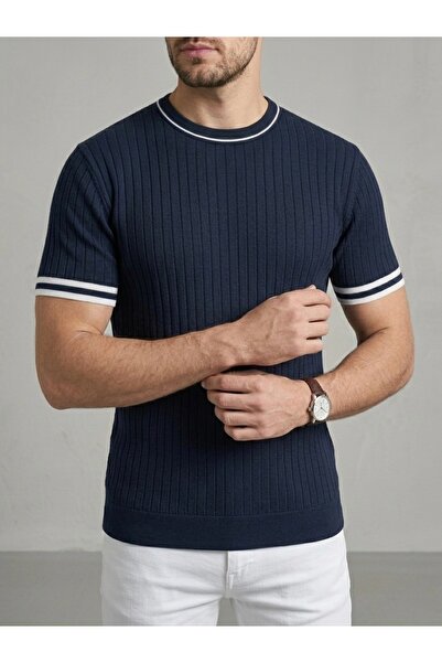 homiro Men's Ecru Corded Fabric Slim Fit Crew Neck Knitwear T-Shirt - Navy Blue