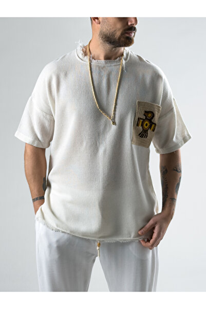 COCOPELLI Patterned Pocket Detail Beige Bohemian T-Shirt Coc2981