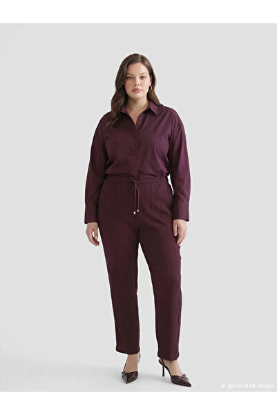 LC Waikiki Pantaloni de damă cu talie elastică, textură burgundy, croială morcov