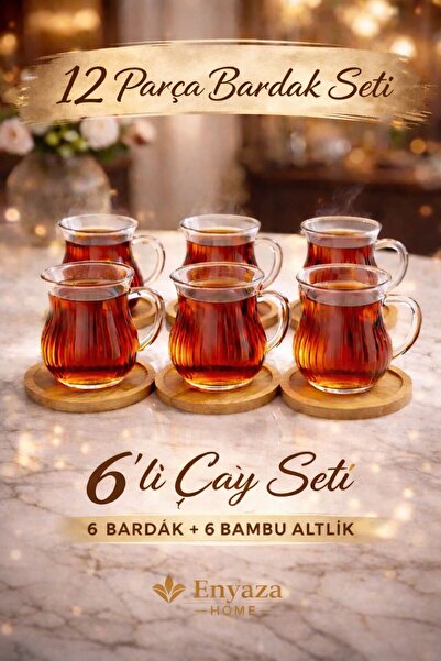 ENYAZA(2024) 12 Parça Çizgi Desenli Borosilikat Cam Çay Bardağı Takımı Bambu ...
