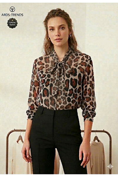marvion Kadın boynunda kuşak bağlama detaylı Leopar Desenli Şifon Hakim Yaka ...
