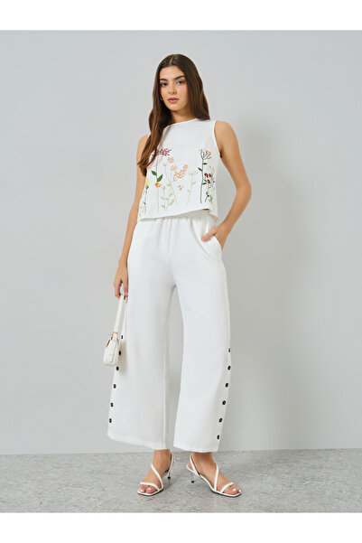 Take Two By Styli White Floral Embroidered Top and Button Detail Pants Co-Ords