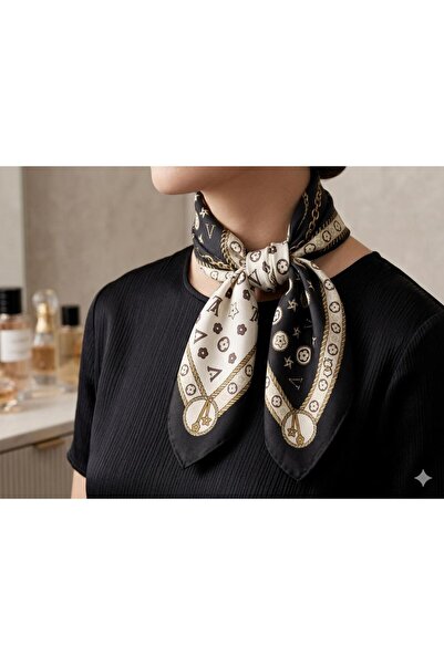 MAESTRO WOMAN Γυναικείο μαύρο μπεζ με μπλοκ σχέδια μεταξωτό σατέν φουλάρι 70x70