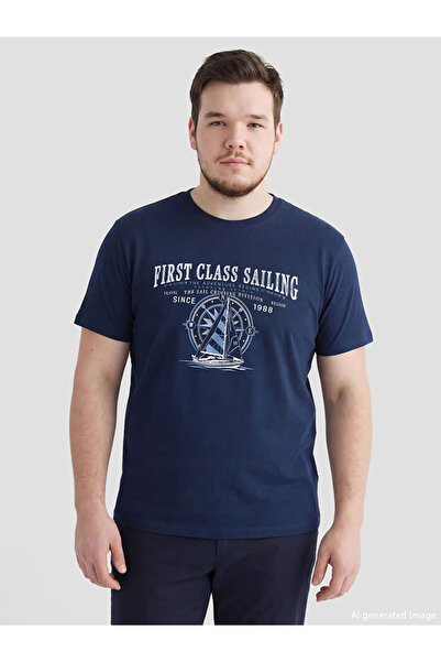 LC Waikiki Navy Blue Crew Neck Printed Combed Cotton Men's T-Shirt