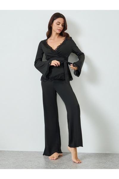 Styli Black Lace Trim Wrap Tie Front Top and Pyjama Set
