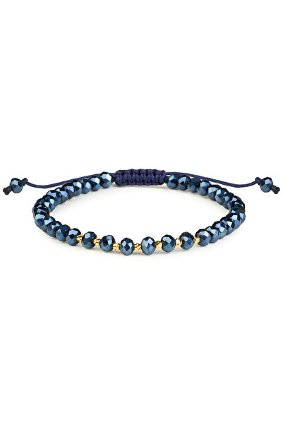 One Gold Bracelet with 7 beads 14K Gold "585" and Blue Crystals, adjustable