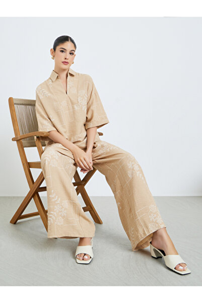 Styli Beige Floral Print Open Collar Top and Pants Modest Set