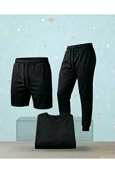 QAST GİYİM SANATI Unisex Summer Tracksuit+Shorts+T-Shirt Combination Black Ov...