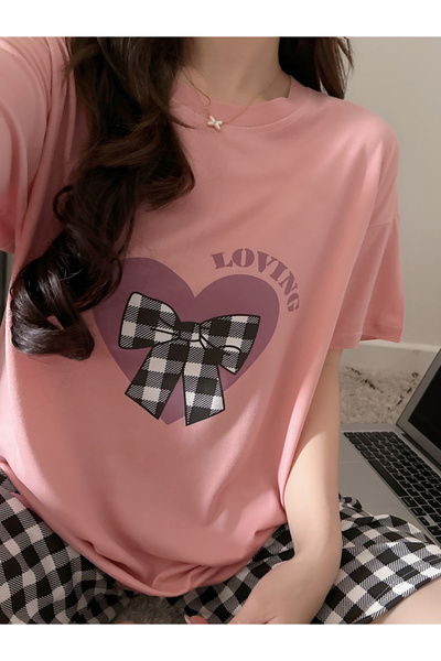 Take Two By Styli Heart Print Round Neck T-Shirt and Checked Shorts Set