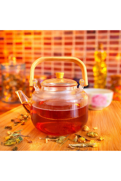 ALLEGRI Bamboo Strappy Glass Teapot with Glass Strainer, Heat Resistant Boros...