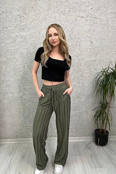 Veni Life Textured Pants with High Waist Elastic and Laces