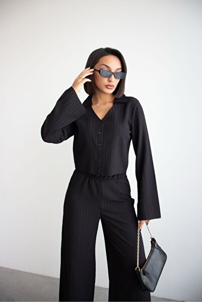 Ded COLLECTION Women's Crinkle Fabric Button Shirt and High Waist Wide-Leg Pa...