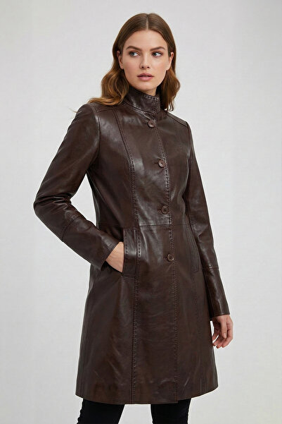 Deriderim Kahve Laura Uzun Kadın Düğmeli Dar Fit kesim Astarlı Uzun Hakiki De...