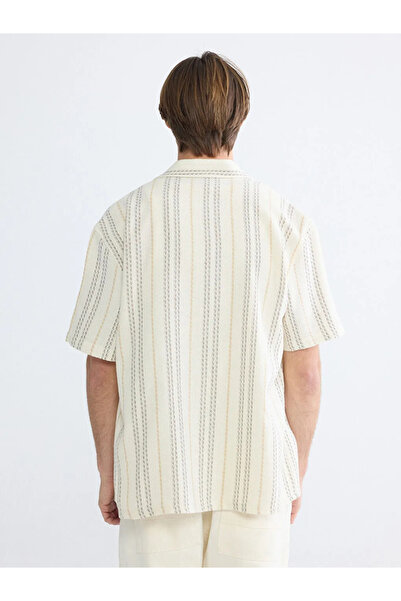 LC Waikiki Black Loose Fit Resort Collar Striped Men's Shirt