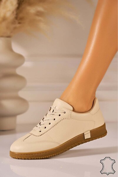 Joana Women's Beige Genuine Leather Loafers Aminay 37