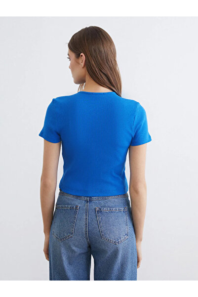 LC Waikiki Blue crew neck Corded Fabric women's Cropped