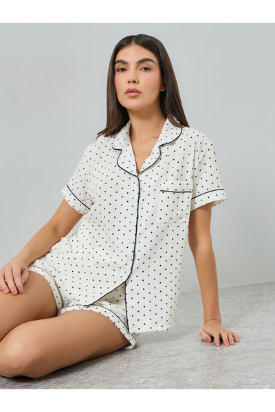 Take Two By Styli White Polka Dot Buttoned Shirt and Shorts Set